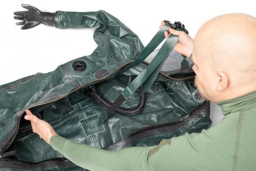 Polish OOB-1 HAZMAT Suit, Surplus. Suspenders inside, adjust these for comfort.